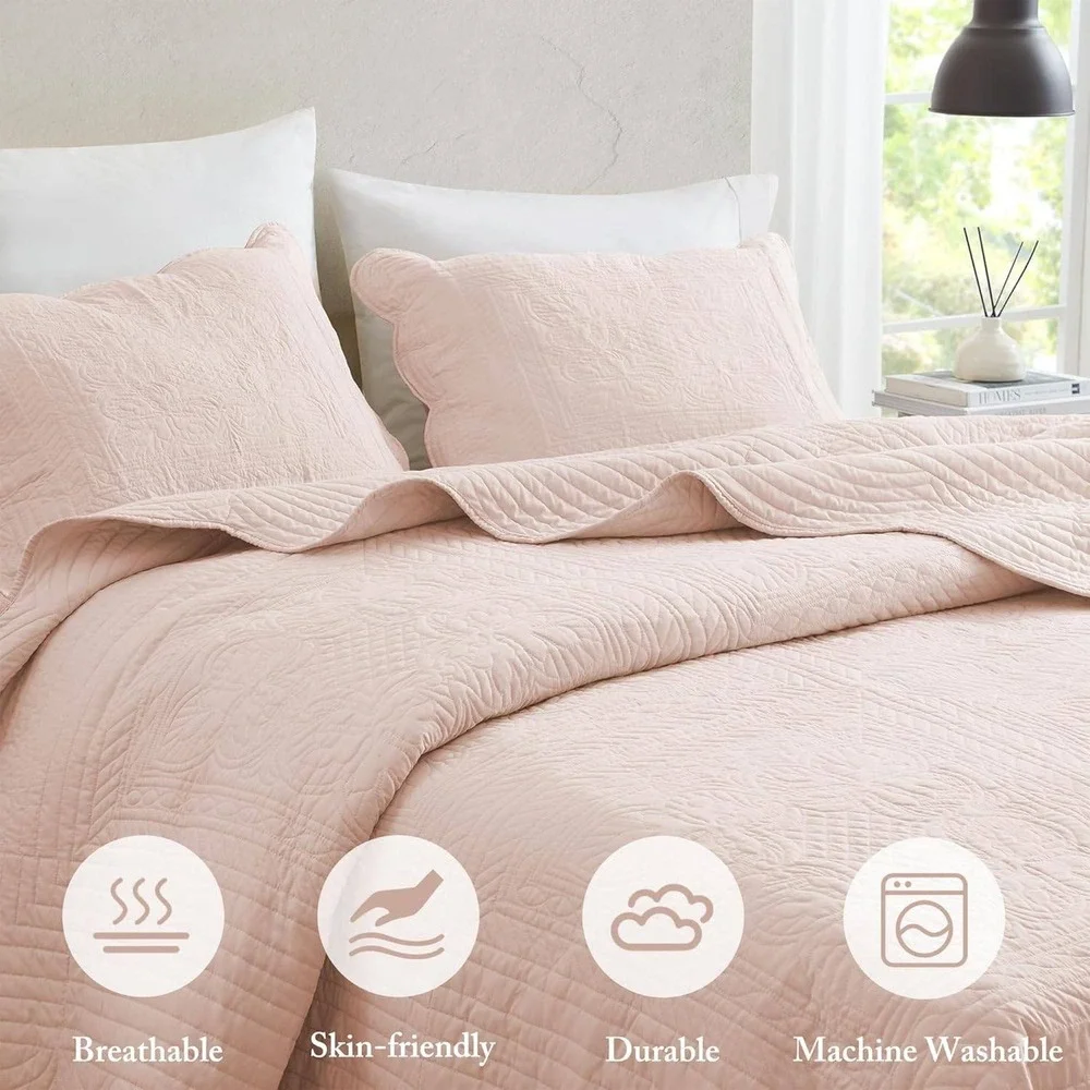 Madison Park Pink Scalloped Full Queen Quilt Set 3 Piece Cotton Fill